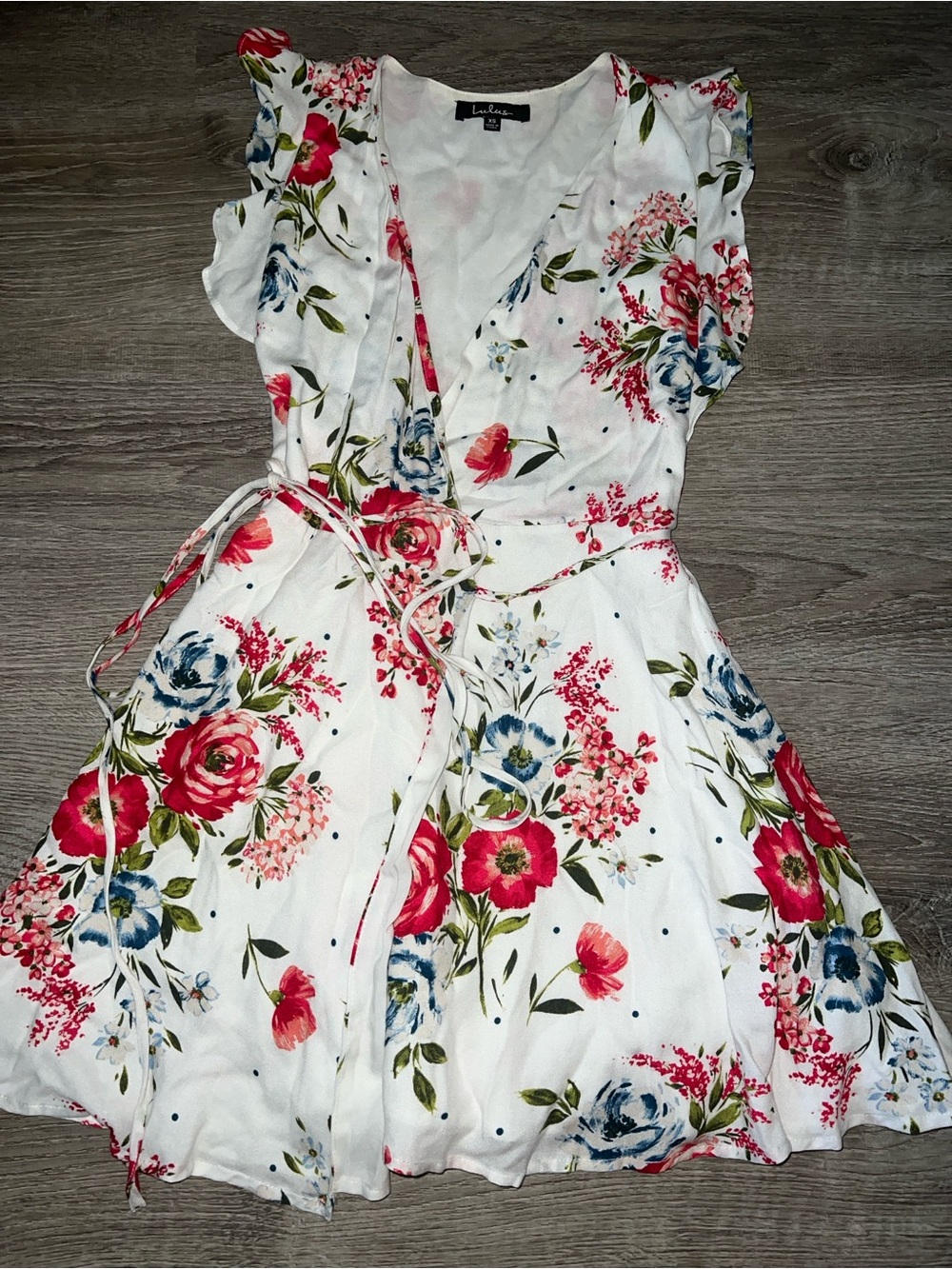 Lulu’s White Floral Wrap Dress with Red & Blue Bloom Print